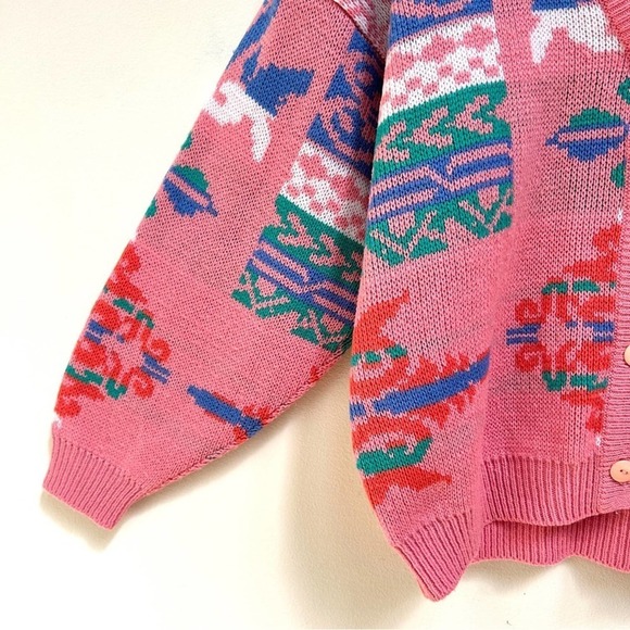 Vintage Pink 80s 90s Lindsay Gray Cardigan Sweater Made in Korea, Size Medium - Picture 4 of 14